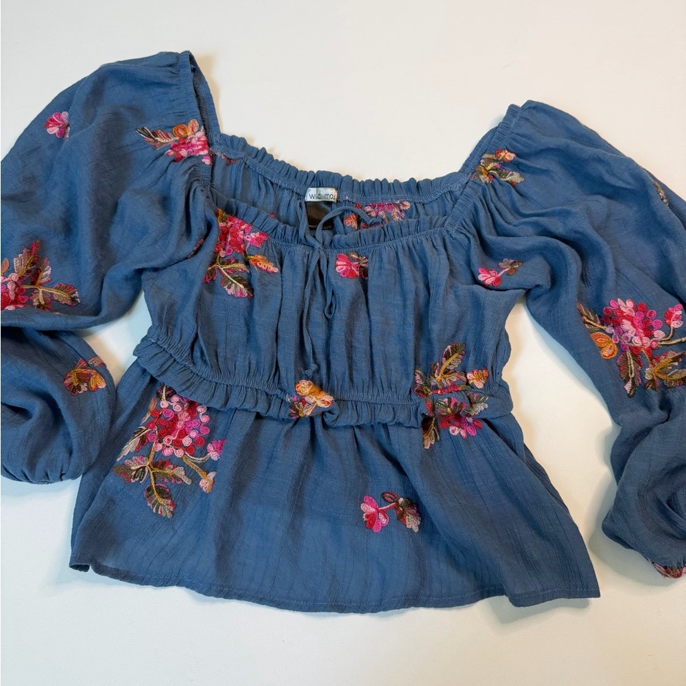 Wild Moss Blue Embroidered Boho Off Shoulder Peasant Blouse Floral Top size L - Picture 3 of 7